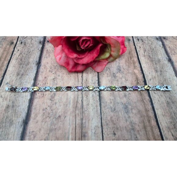 925 Sterling Silver Gemstone Tennis Bracelet Garnet, Amethyst, Citrine, Peridot - Picture 8 of 12
